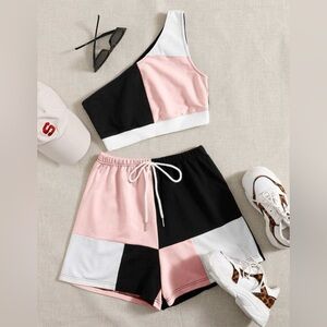 SHEIN Colorblock One-Shoulder Tank Top - Pink, Black, White